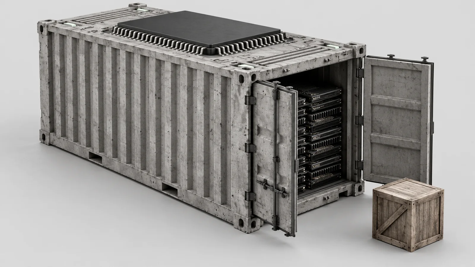 A concrete cargo container with a processor-chip roof and exposed circuit boards stands apart from a wooden crate.