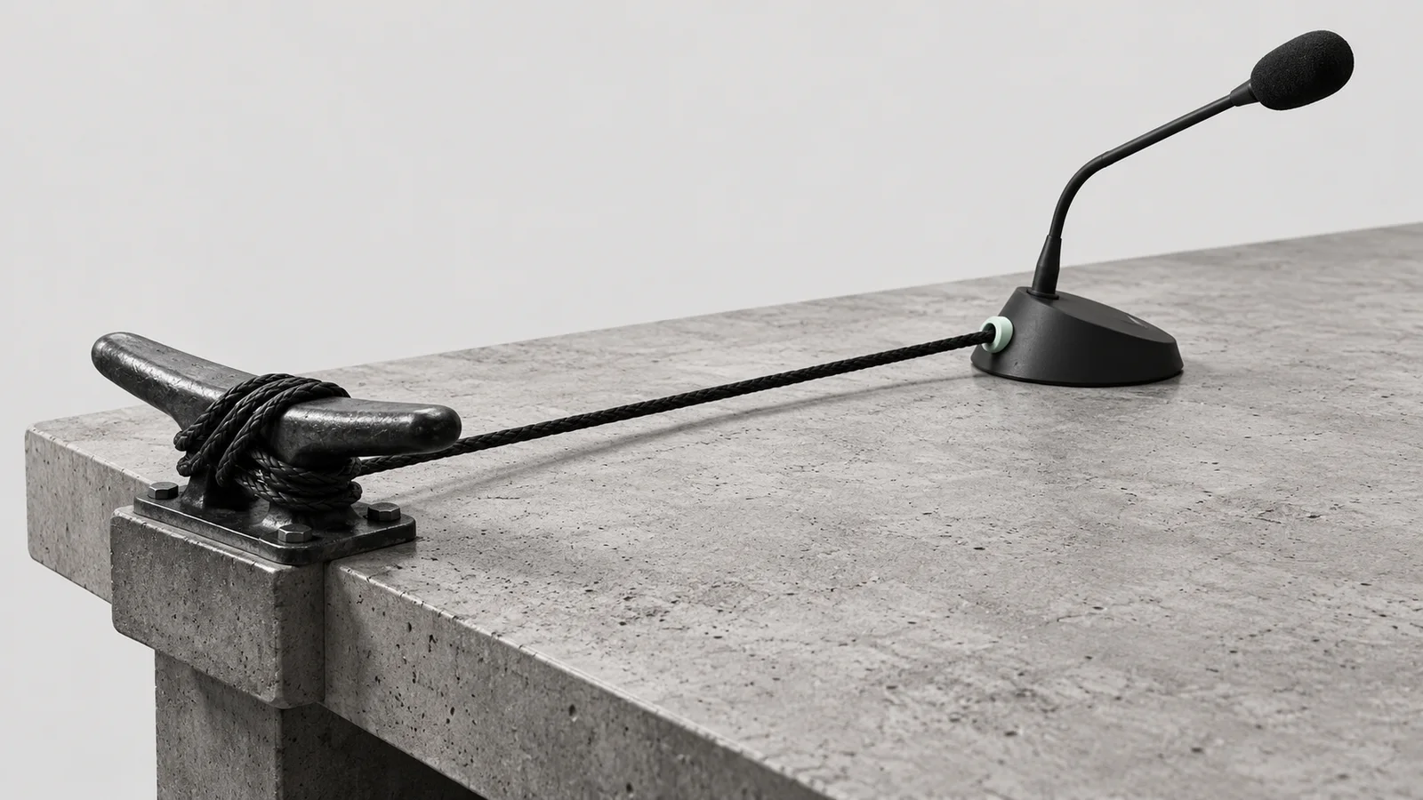 A conference microphone's cable connects to a mooring cleat on the edge of a concrete table.