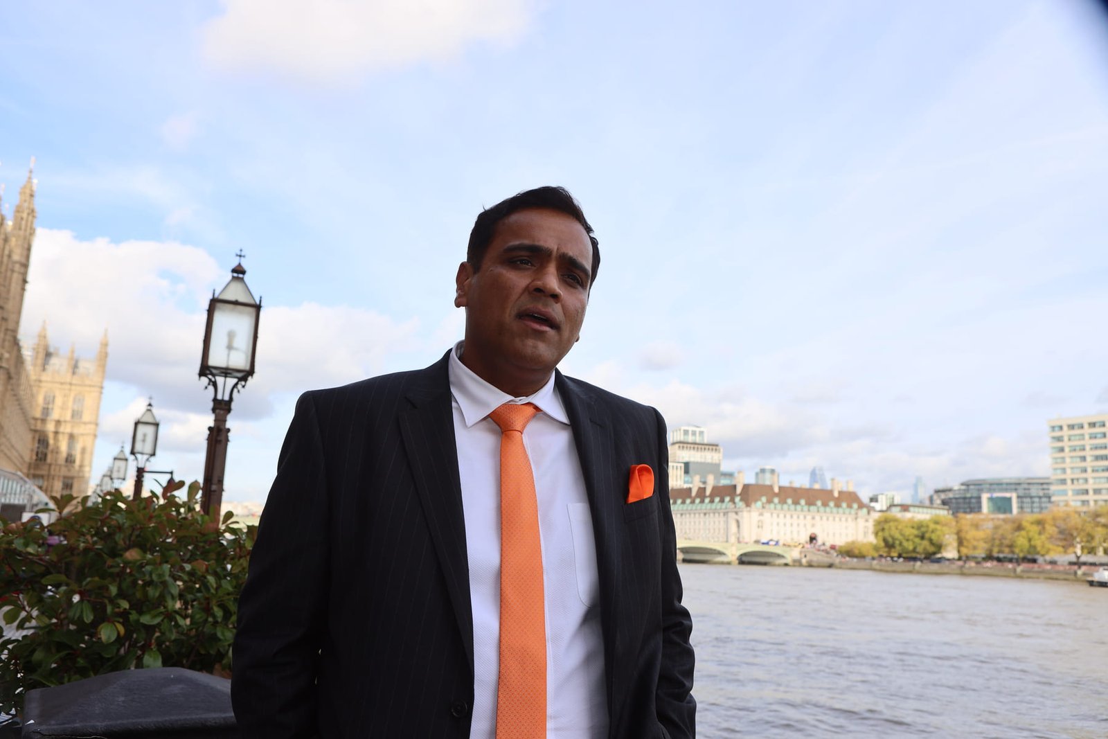 A leader interviewed on the terrace overlooking the Thames