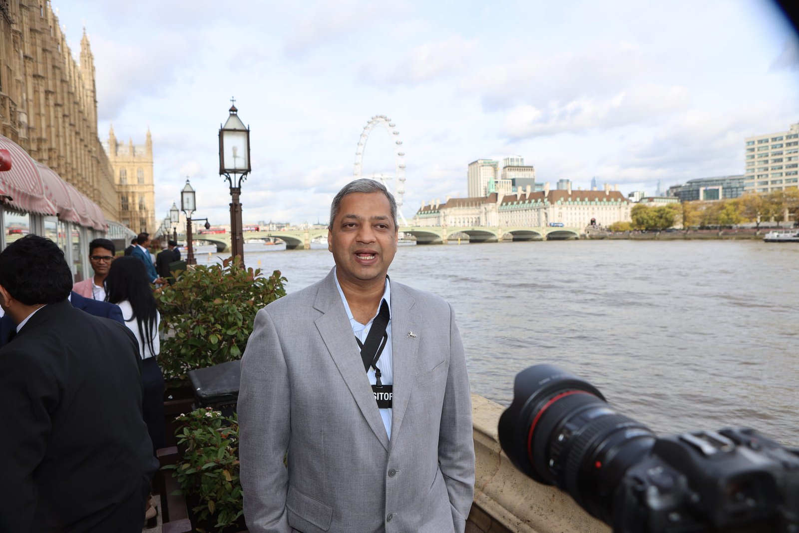 A leader interviewed on the terrace at the Houses of Parliament